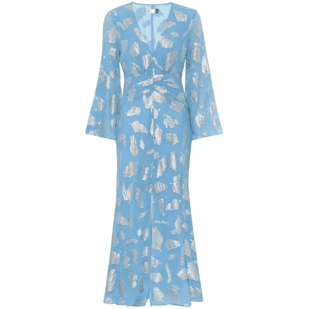 RIXO London Blue Indra Metallic Feather Print Midi Dress - Picture 4 of 12